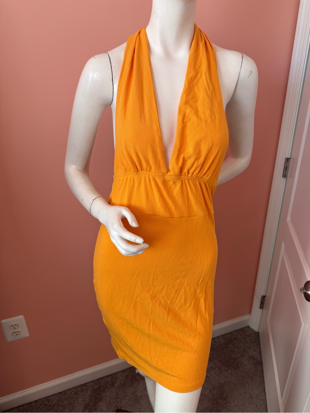 SHEIN Bold Yellow Orange Deep V Halter Mini Dress